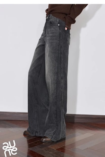 TOYOUTH Women Denim Jeans 2024 Autumn Winter New Mide Waist Straight Wide Leg Long Pants