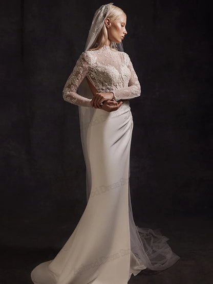 Modern Wedding Dresses Satin Bridal Gowns Beading Appliques Full Sleeves Robes For Formal Party Vestidos De Novia Customized