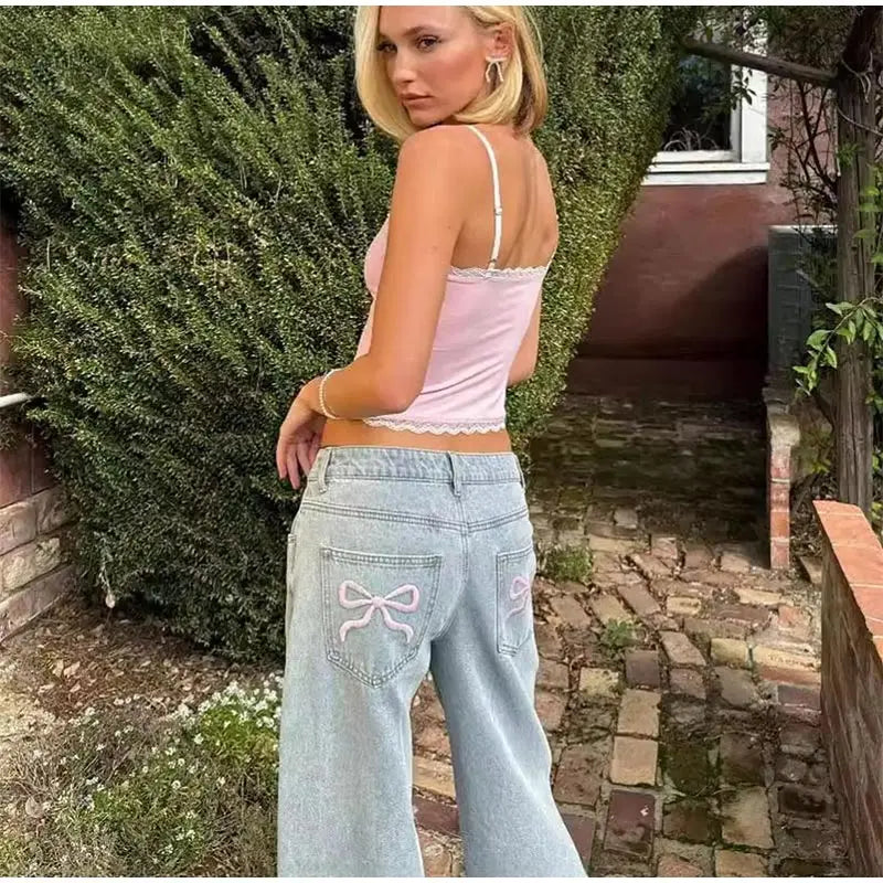 Blue Jeans for Women Pink Bow Embroidery Jeans Y2K Straight High Waist Vintage Casual Trousers Female Wide Leg Designer Pants