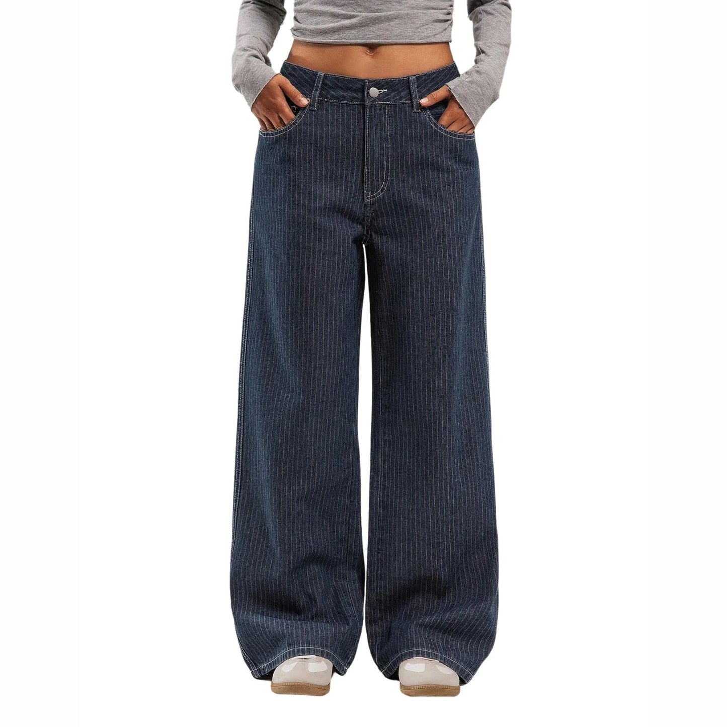 Women Mid Waist Jeans Spring Autumn Daily Matching Comfy Loose Wide Leg Trousers Fashion Stripe Straight Leg Denim Fabric Pants