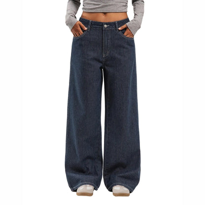 Women Mid Waist Jeans Spring Autumn Daily Matching Comfy Loose Wide Leg Trousers Fashion Stripe Straight Leg Denim Fabric Pants