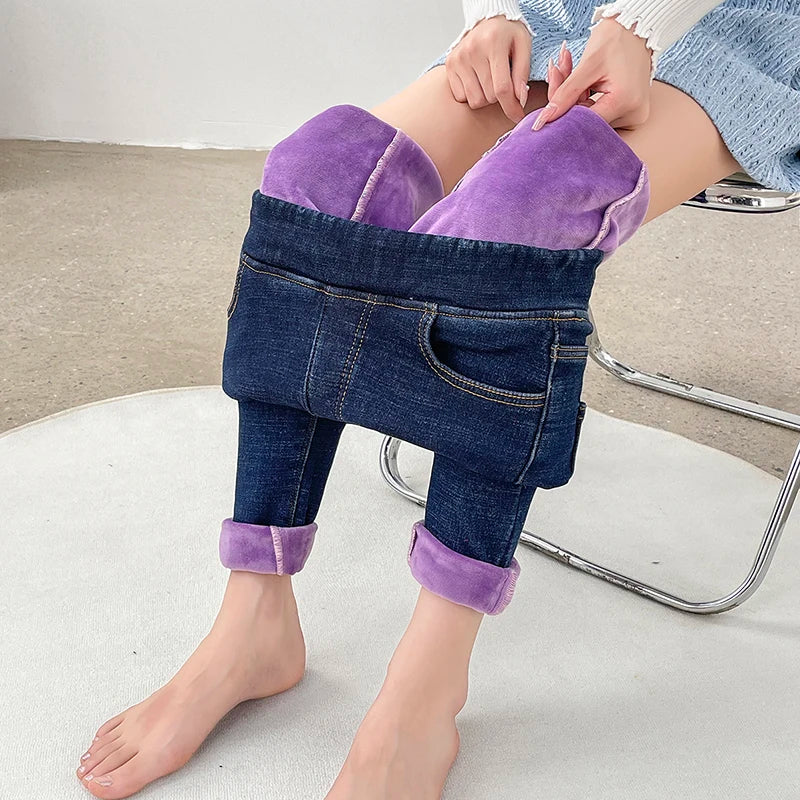 Women's Winter Jeans Fleece Warm Slim Pencil Trousers Elastic Waist Thicken Velvet Comfortable Mom Denim Pants Female