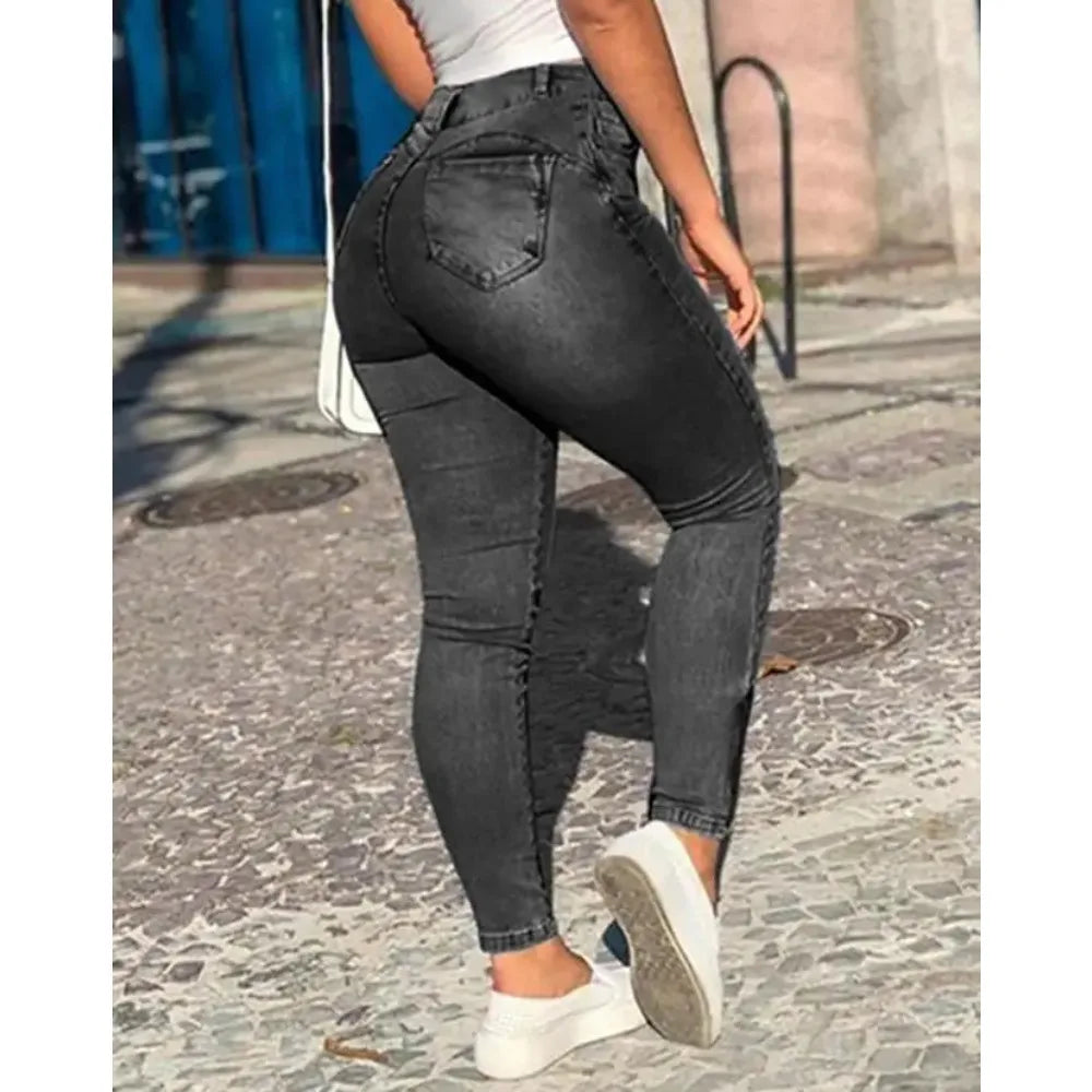 Women's Skinny Jeans 2025 Summer New Fashion Solid Color Buttoned Pocket Zipper Design High Waist Casual Daily