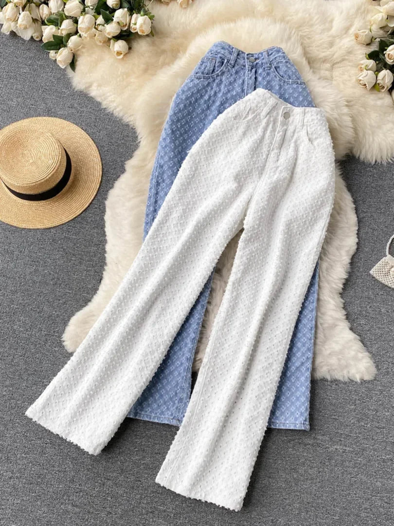 Ripped Jeans for Women Casual Streetwear New Spring Autumn High Waist Straight Leg Pants Fashion White Blue Denim Trousers