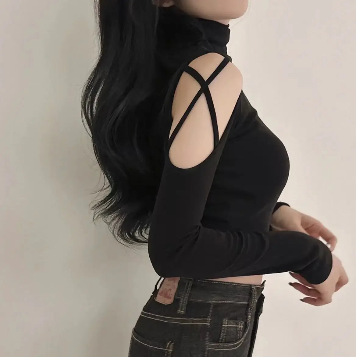 Tops Woman Slim Off Shoulder Sexy Crop Brown Long Sleeve T Shirt for Women Turtleneck Clothing Female Harajuku Fashion Korean