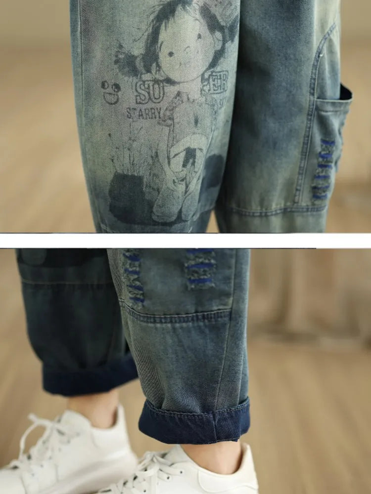 Oversized Jeans Spring Summer Pant Women Elastic High Waist Fashion Print Ladies Trousers Loose Woman Harem Pants