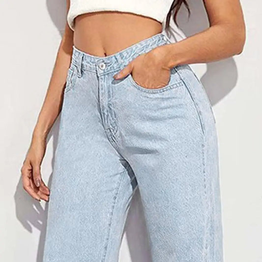 Women Jeans with Pockets High Waist Button Zipper Closure Straight Pants Vintage Denim Trousers for Daily Wear Scool Commuting