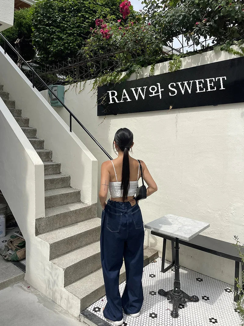 Korean Ins Retro Versatile High Waist Women's Straight Leg Jeans Summer New Fashion Loose Drawstring Design Women Wide Leg Jeans