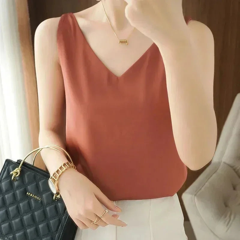 Tank Tops for Women Sleeveless V Neck Satin Silk Camisole 2025 Fashion Summer Solid Loose Vest Ladies Tops Streetwear