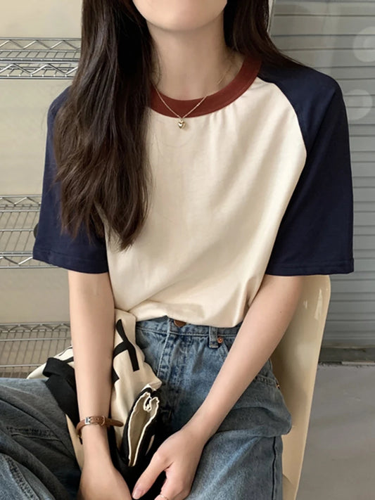 Summer Tops for Women Tshirt Turn Down Collar Short Sleeve Beige Blue Chic Y2k Fashion Patchwork 2026 T Shirts