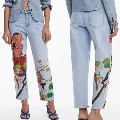 European, American, Spanish original single women's jeans, contrasting color print, elastic casual designer style cropped pants