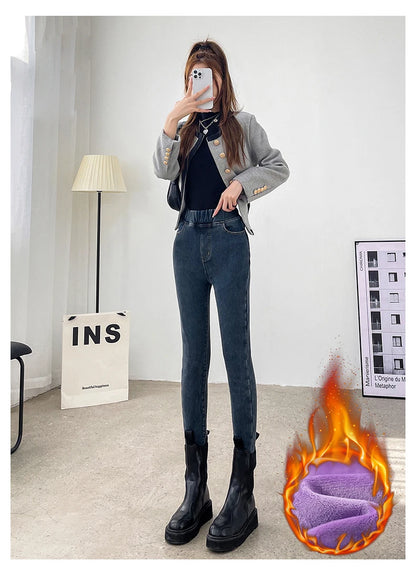 Women's Winter Jeans Fleece Warm Slim Pencil Trousers Elastic Waist Thicken Velvet Comfortable Mom Denim Pants Female