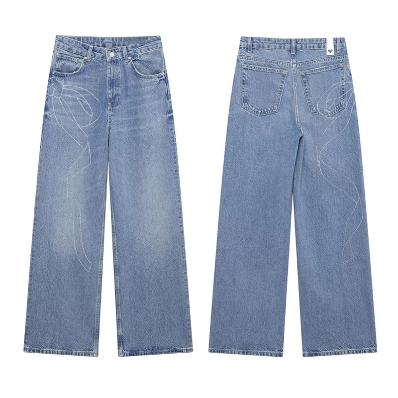 2025 Women Diamonds Denim Jeans Solid Loose Straight Long Pants Woman Casual High Waisted Pockets Streetwear Baggy Trousers