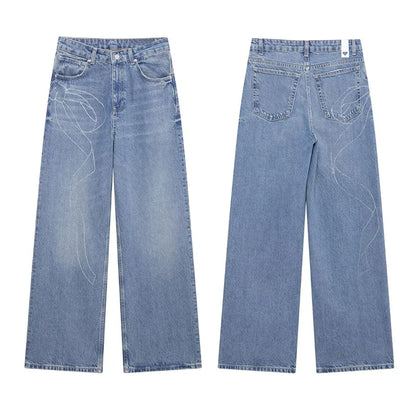 2025 Women Diamonds Denim Jeans Solid Loose Straight Long Pants Woman Casual High Waisted Pockets Streetwear Baggy Trousers