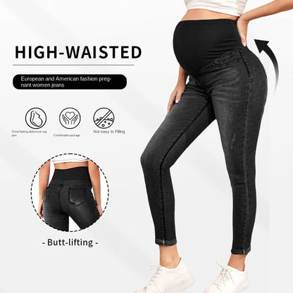Maternity Women High Waist Support Belly Jeans Fall Pregnant Hip Lifting Elastic Denim Pants Daily Work Wear Streetwear Trousers