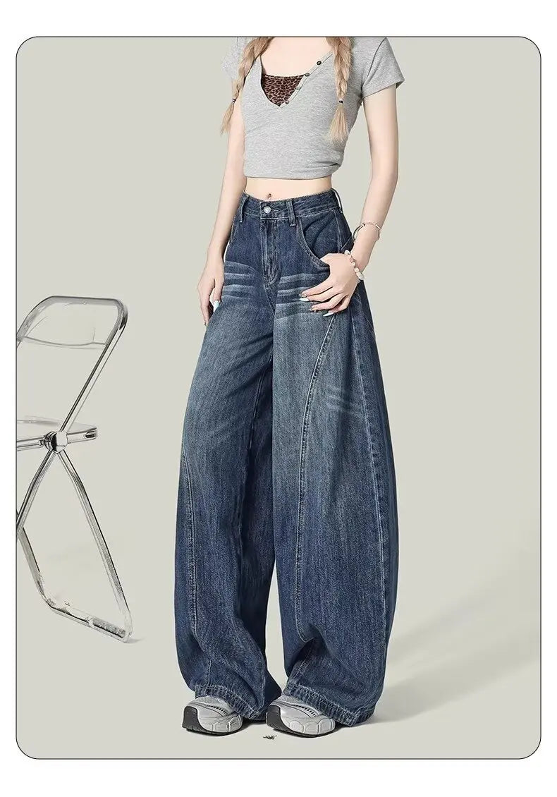 Washed blue textured high waisted retro casual jeans suitable for women in spring and autumn new Harajuku loose wide leg pants