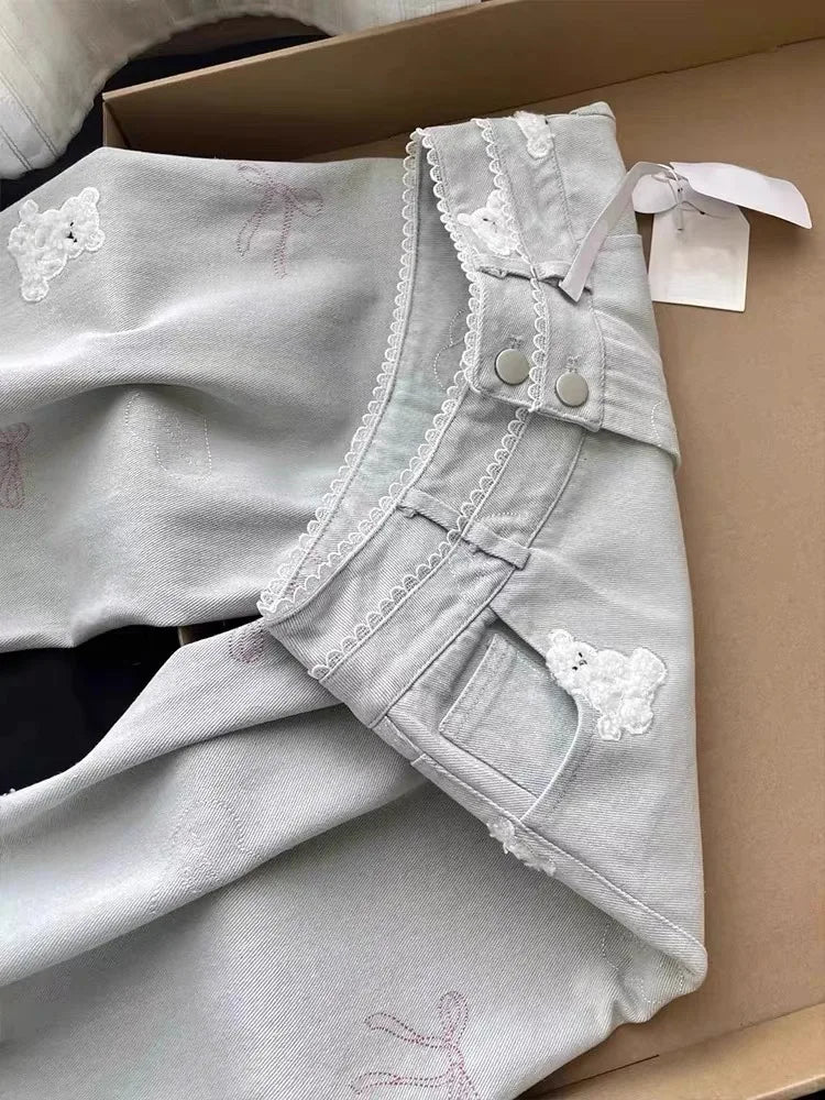 Vintage Women Jeans Streetwear Bear Embroidery Y2k Wide Leg Pants Pantalon Femme High Waist Straight Casual Chic Denim Trousers