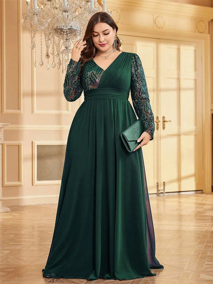 Plus Size Luxury Chiffon Long Sleeve Evening Dresses Women Sequin Red Wedding Party Cocktail Prom Floor Lenght Gowns
