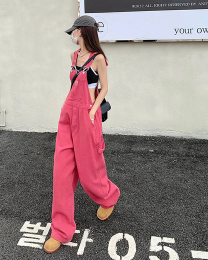 jeans womens 2025 Summer Style loose Girls Pink wide leg trousers jumpsuit korean casual denim overalls womens