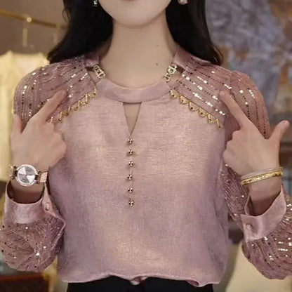 Women's High End Fashion Design with Unique and Shiny Pink Slimming and Versatile Light and Mature Top for Autumn Casual Tops