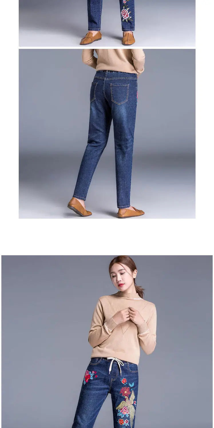 Brand Embroidery Jeans Womens Light Blue Elastic Waist Denim Pants High Waist Straight Leg Cropped Cut Jeans Spring Female