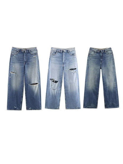 HH Women's 2025 New Fashion Retro Versatile Mid-Waist Turn-Down Jeans Female High Street Casual Ripped Decorative Wide Leg Pants