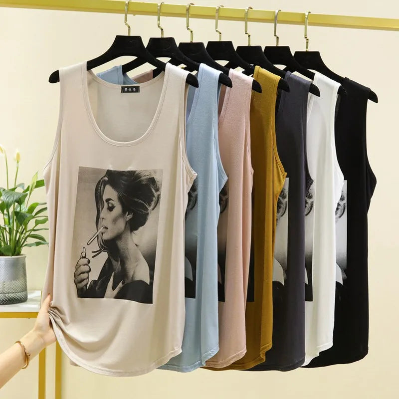 Women Long Tank Tops O-Neck Fashion Print Beauty's Head Casual Loose sleeveless T-shirt streetwear camis tops
