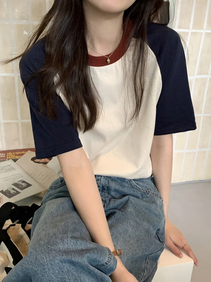 Summer Tops for Women Tshirt Turn Down Collar Short Sleeve Beige Blue Chic Y2k Fashion Patchwork 2026 T Shirts