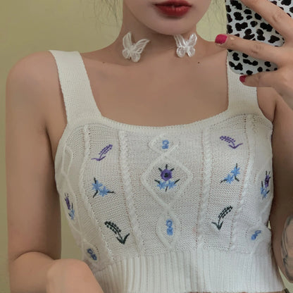 HELIAR Women Flower Embroidery Knitted Crop Tops Women Casual Tube Tops Casual Ribbed Cute Tops Crop Tops Women 2024 Summer