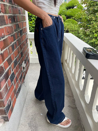 Korean Ins Retro Versatile High Waist Women's Straight Leg Jeans Summer New Fashion Loose Drawstring Design Women Wide Leg Jeans