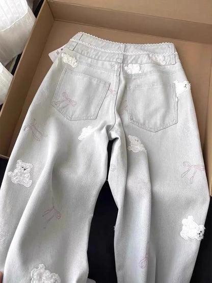 Vintage Women Jeans Streetwear Bear Embroidery Y2k Wide Leg Pants Pantalon Femme High Waist Straight Casual Chic Denim Trousers