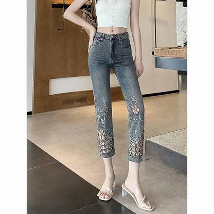 2025 Summer New Fashion Hollow Embroidered Jeans For Women Heavy Industry High Waist Slim Ankle-Length Pants Ladies Denim Pants