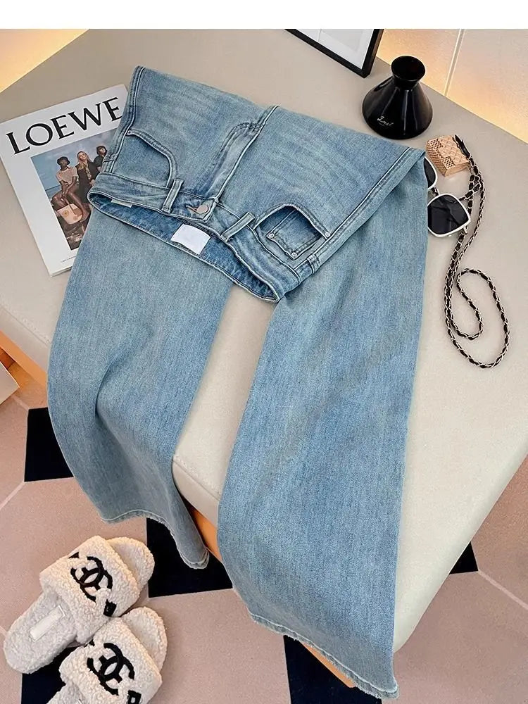 Letter Embroidered Straight-leg Jeans Women's Spring New High-waisted and Thin Loose Light Blue Straight-leg Pants