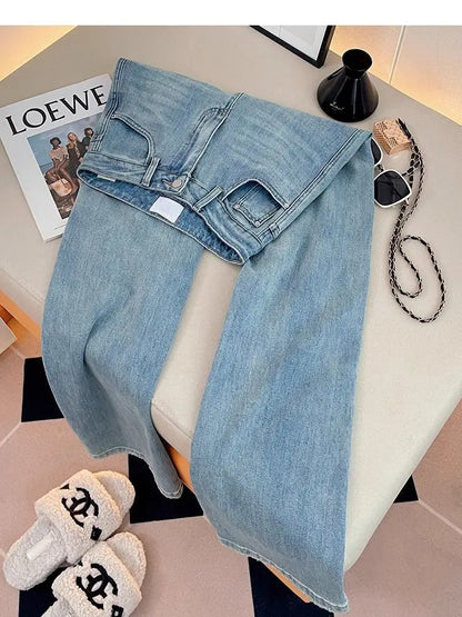 Letter Embroidered Straight-leg Jeans Women's Spring New High-waisted and Thin Loose Light Blue Straight-leg Pants