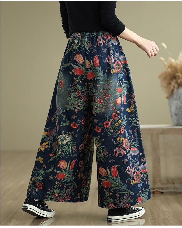 Jeans Flower Floral Print Autumn Wide Leg Pant Women Loose Pleated Fashion Ladies Oversized Trousers Elastic Waist Woman Pants