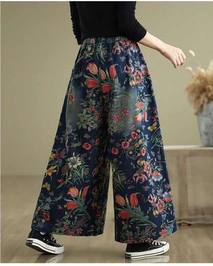 Jeans Flower Floral Print Autumn Wide Leg Pant Women Loose Pleated Fashion Ladies Oversized Trousers Elastic Waist Woman Pants