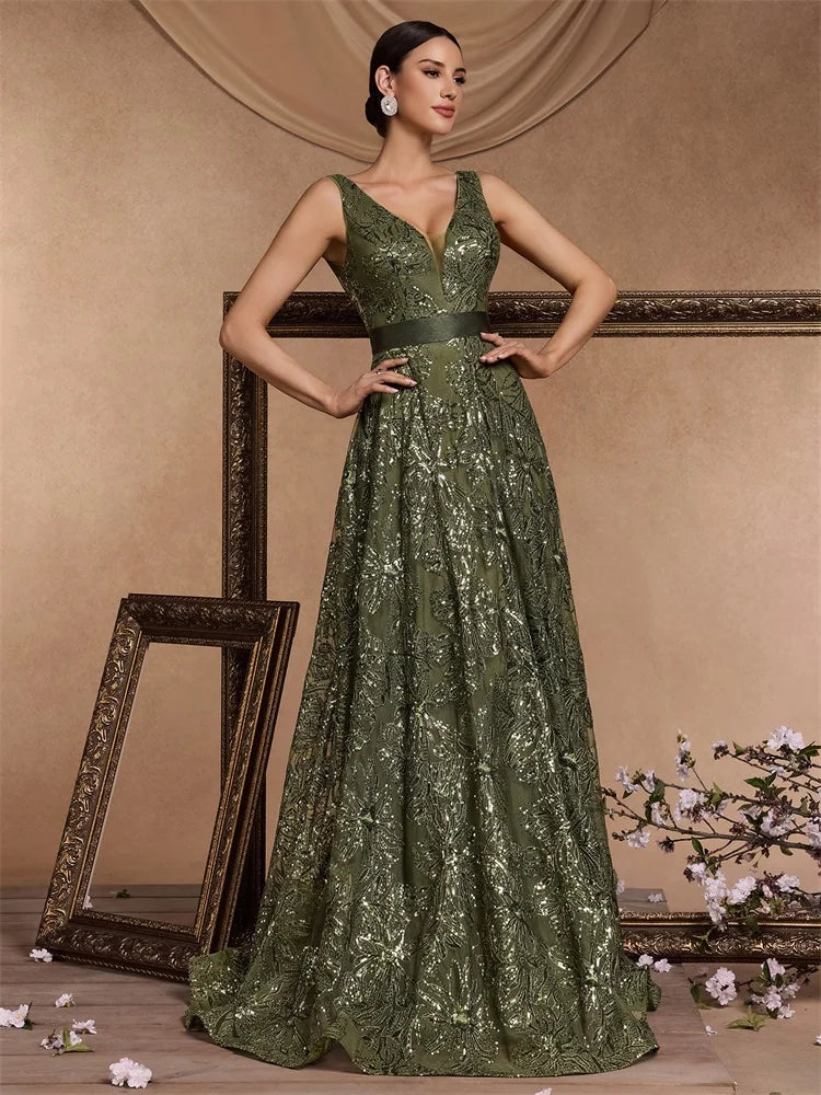 Luxury Sexy Deep V-Neck Sequins Blue Evening Dresses Women Elegant V-back Wedding Party Long Prom Cocktail Dress