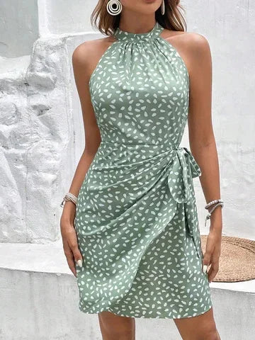 Women's Print Floral Dress Fashion Elegant Sexy Sleeveless Neck-mounted Mini Dresses Lady Summer Casual Beach Party Dress Femmes