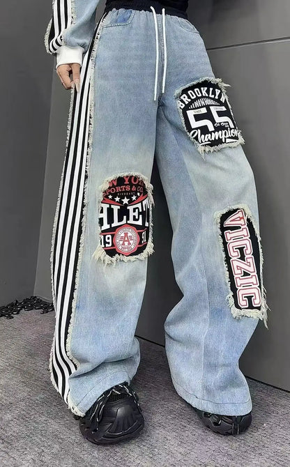 European Style Women's Jeans 2025 Autumn New Heavy-Duty Distressed Frayed Edge Letter Print Drawstring Long Pants Jeans Woman