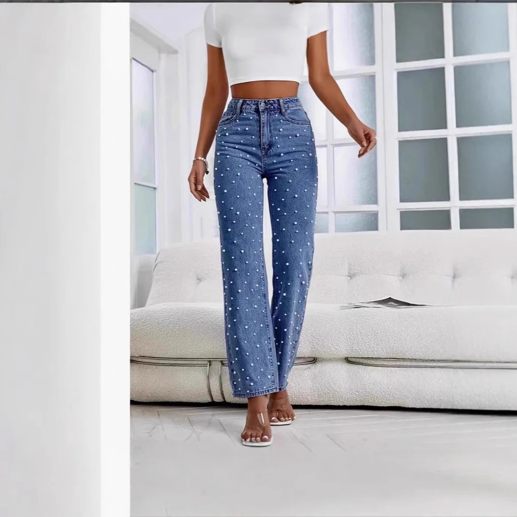 New 2026 Women's Jeans Pants Beading High Waist Casual Straight Pants for Women Streetwear Elegant Splice Denim Female Trousers