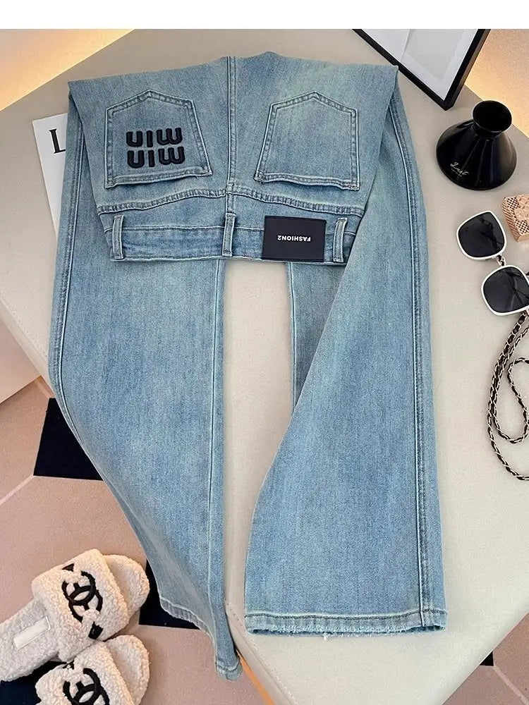 Letter Embroidered Straight-leg Jeans Women's Spring New High-waisted and Thin Loose Light Blue Straight-leg Pants