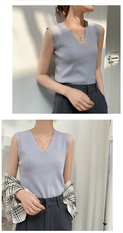 AOSSVIAO 2025 Summer Women Knitted Tank Tops Women Thin Tops Basic Casual Tank Tops V-neck Tees Sleeveless Tops For Women