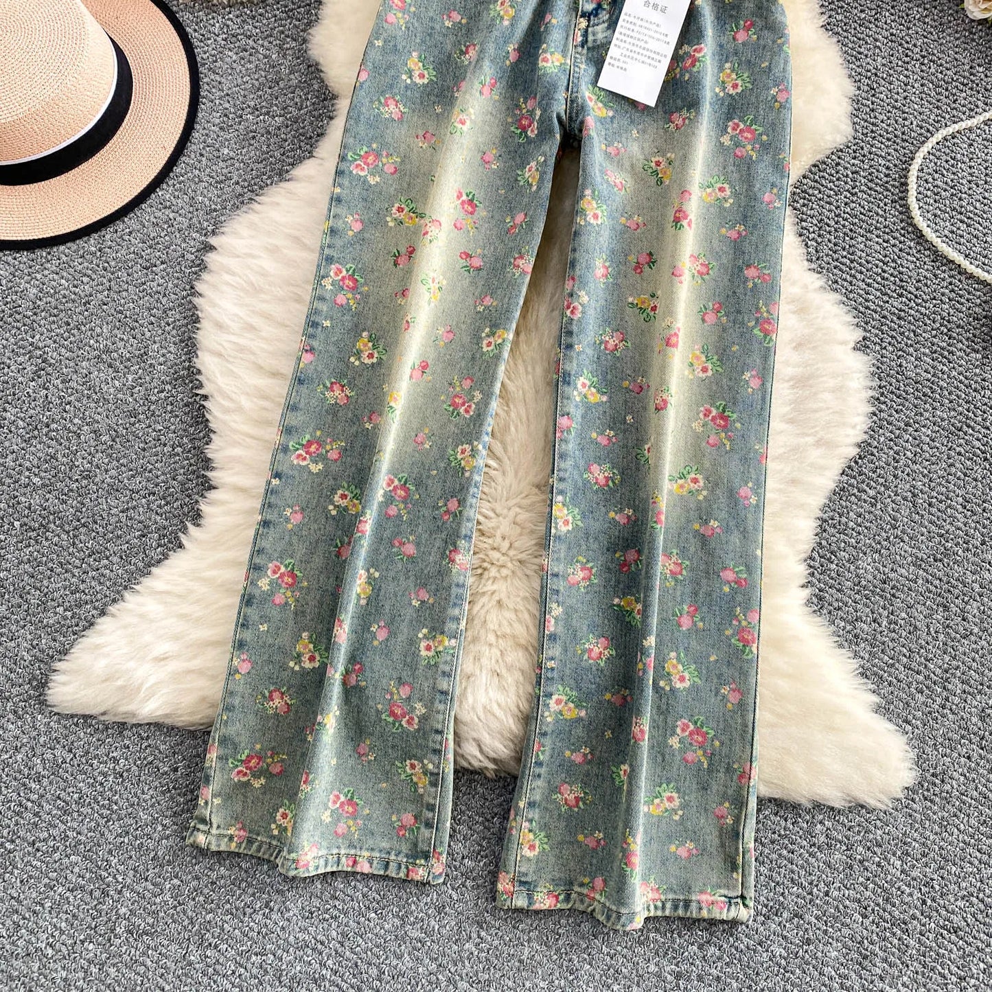 Women's Fashion Floral Print Denim Pants Colorful Flower Wide Leg Trousers Female Spring Autumn Versatile High Waist Blue Jeans
