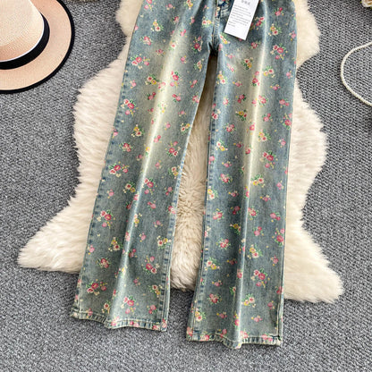 Women's Fashion Floral Print Denim Pants Colorful Flower Wide Leg Trousers Female Spring Autumn Versatile High Waist Blue Jeans