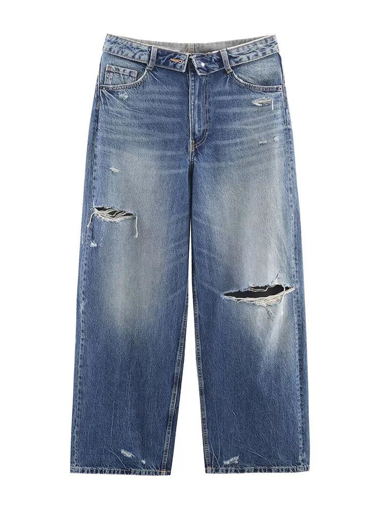 HH Women's 2025 New Fashion Retro Versatile Mid-Waist Turn-Down Jeans Female High Street Casual Ripped Decorative Wide Leg Pants