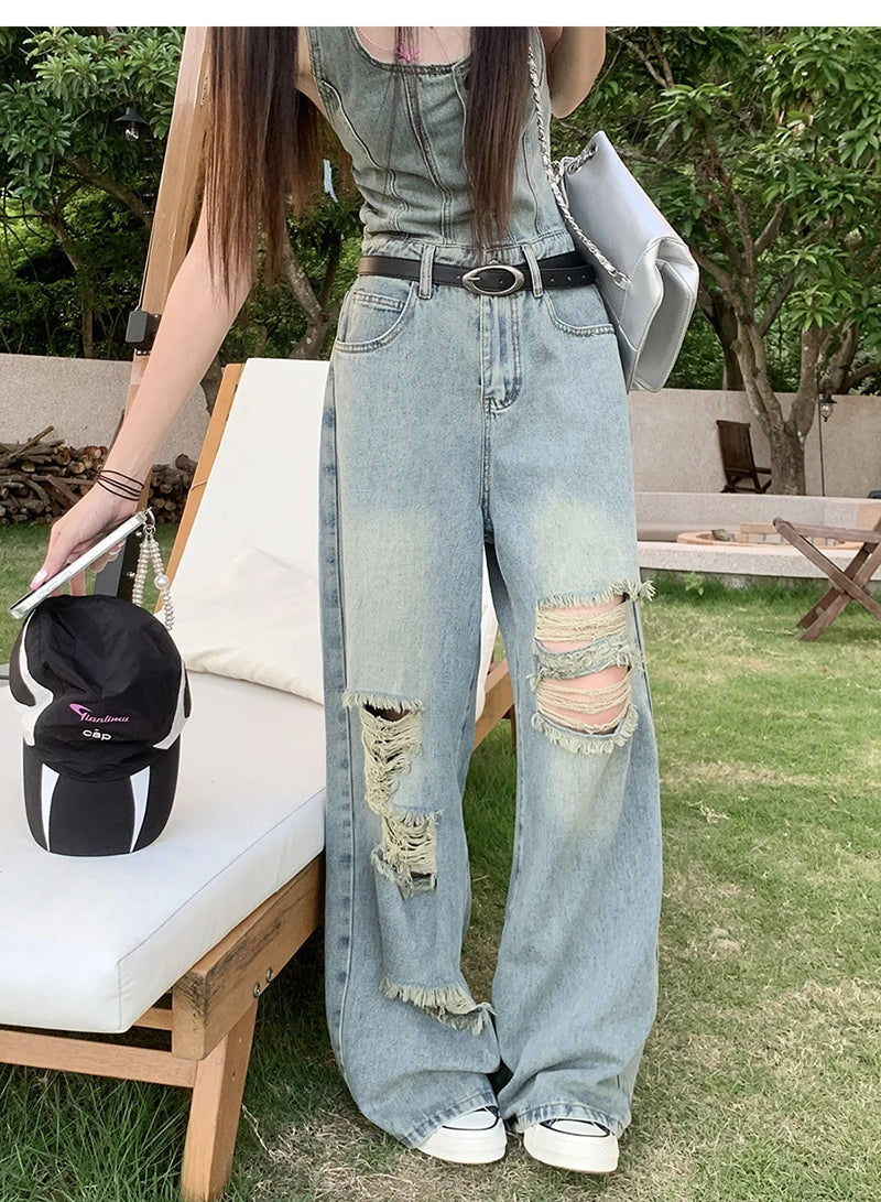 Women's Casual Denim Overalls Vintage Button Down Sexy Backless Holes Hollow Out Ripped Denim Full Pants Female 2024 New Jeans