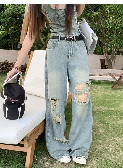 Women's Casual Denim Overalls Vintage Button Down Sexy Backless Holes Hollow Out Ripped Denim Full Pants Female 2024 New Jeans