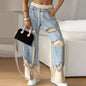 Casual Patchwork Jeans Women Loose Drawstring Low Waist Pockets Zipper Straight Leg Pants 2025 Spring Summer Street Lady Trouser