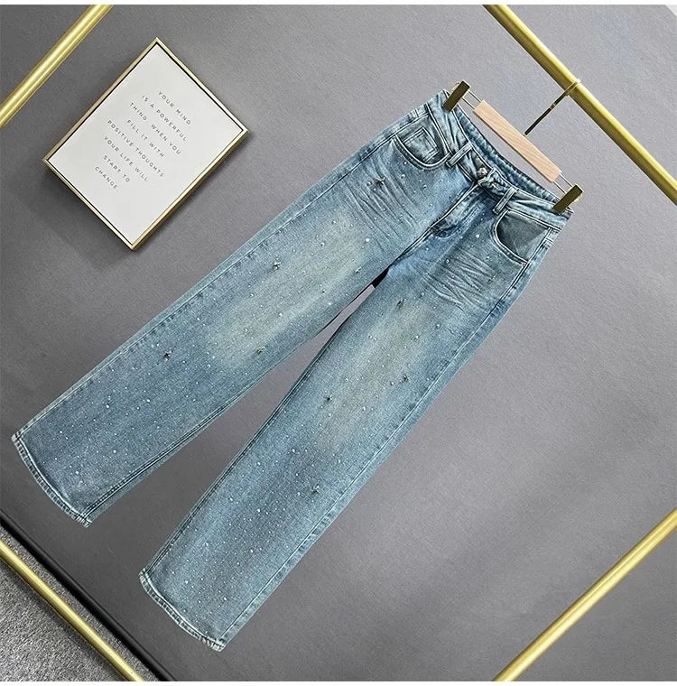 Fashion Women Blue Jeans High Waist Diamond Studded Straight Denim Pants Spring Summer Female Chic Trousers