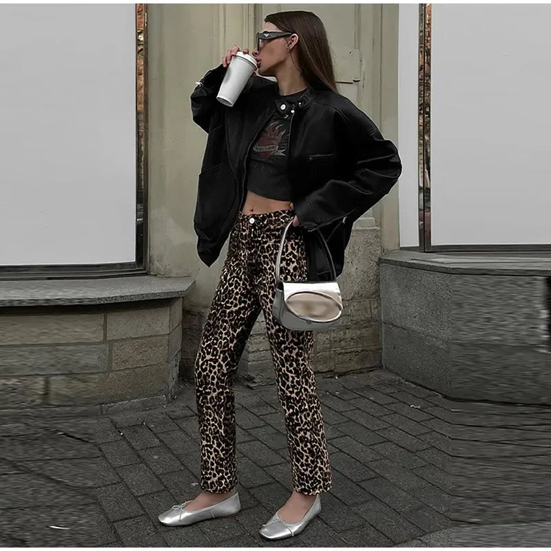 High-Waisted Leopard Print Denim Jeans for Women Retro Slim Straight Leg Trousers Vintage Y2k Hip Hop Streetwear Lady Fashion